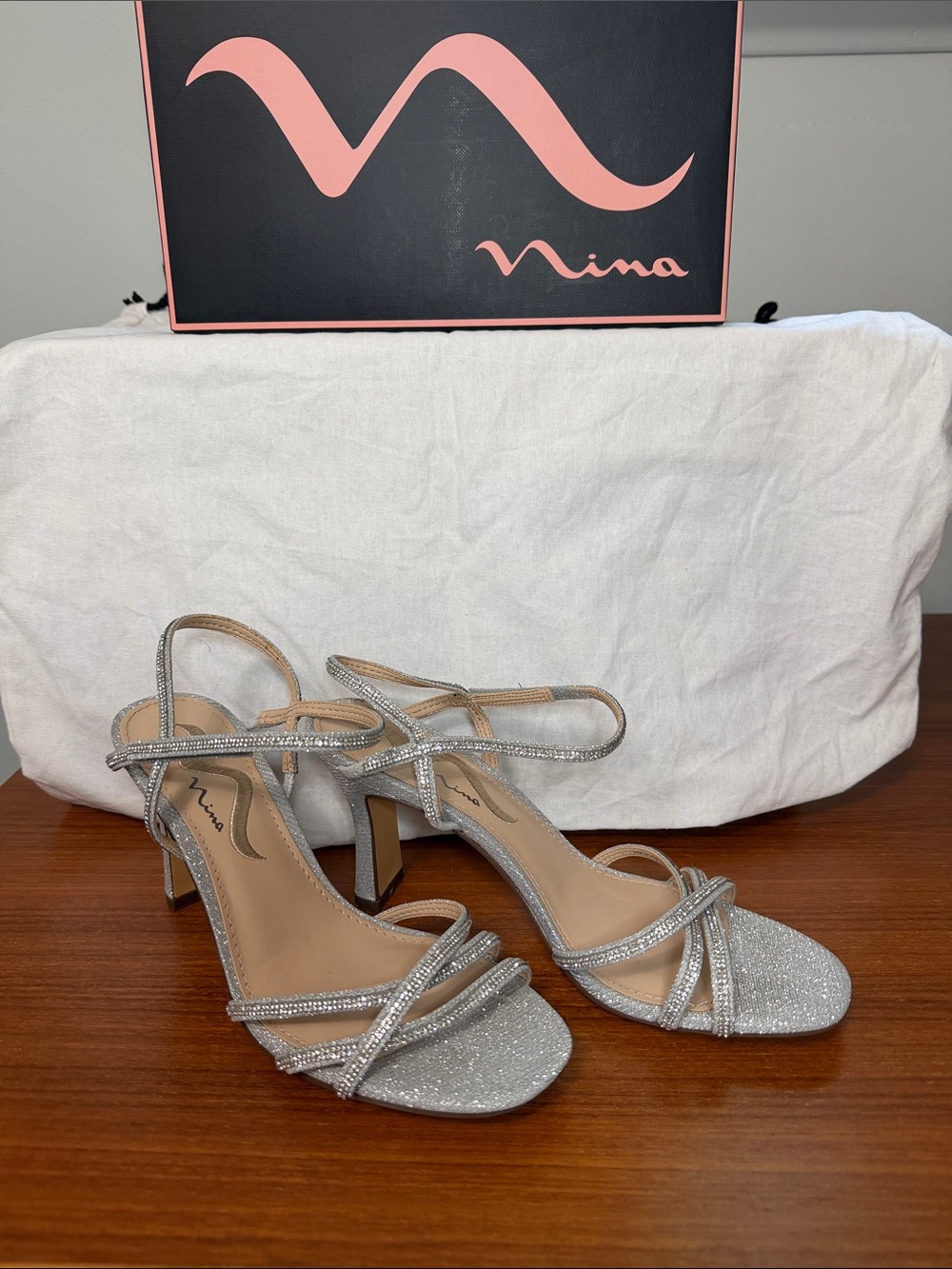 Nina Silver Glitter Strappy Block Heel Sandals